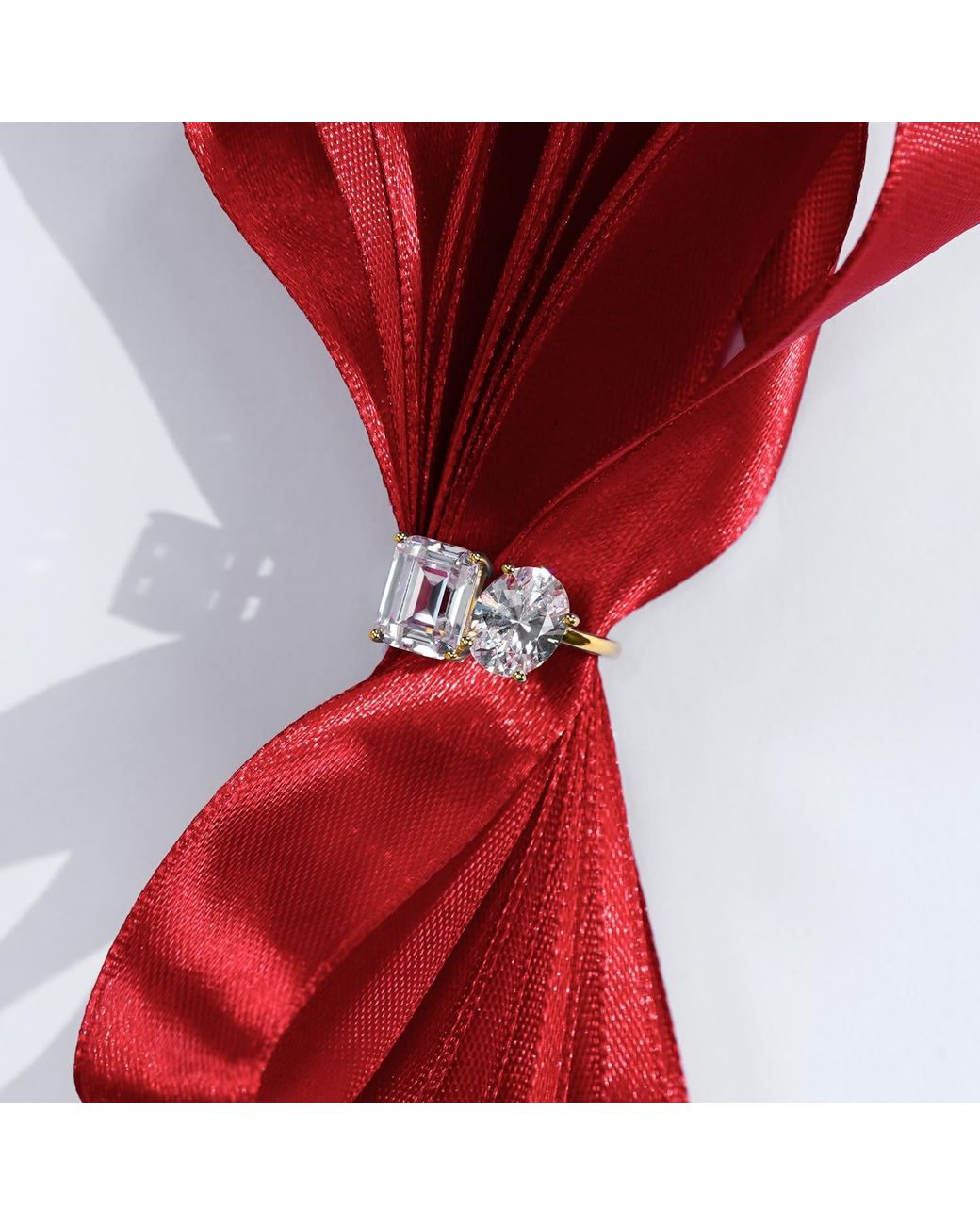 Diamonbliss Metallic Oval & Emerald Cut Two Stones Cocktail Ring