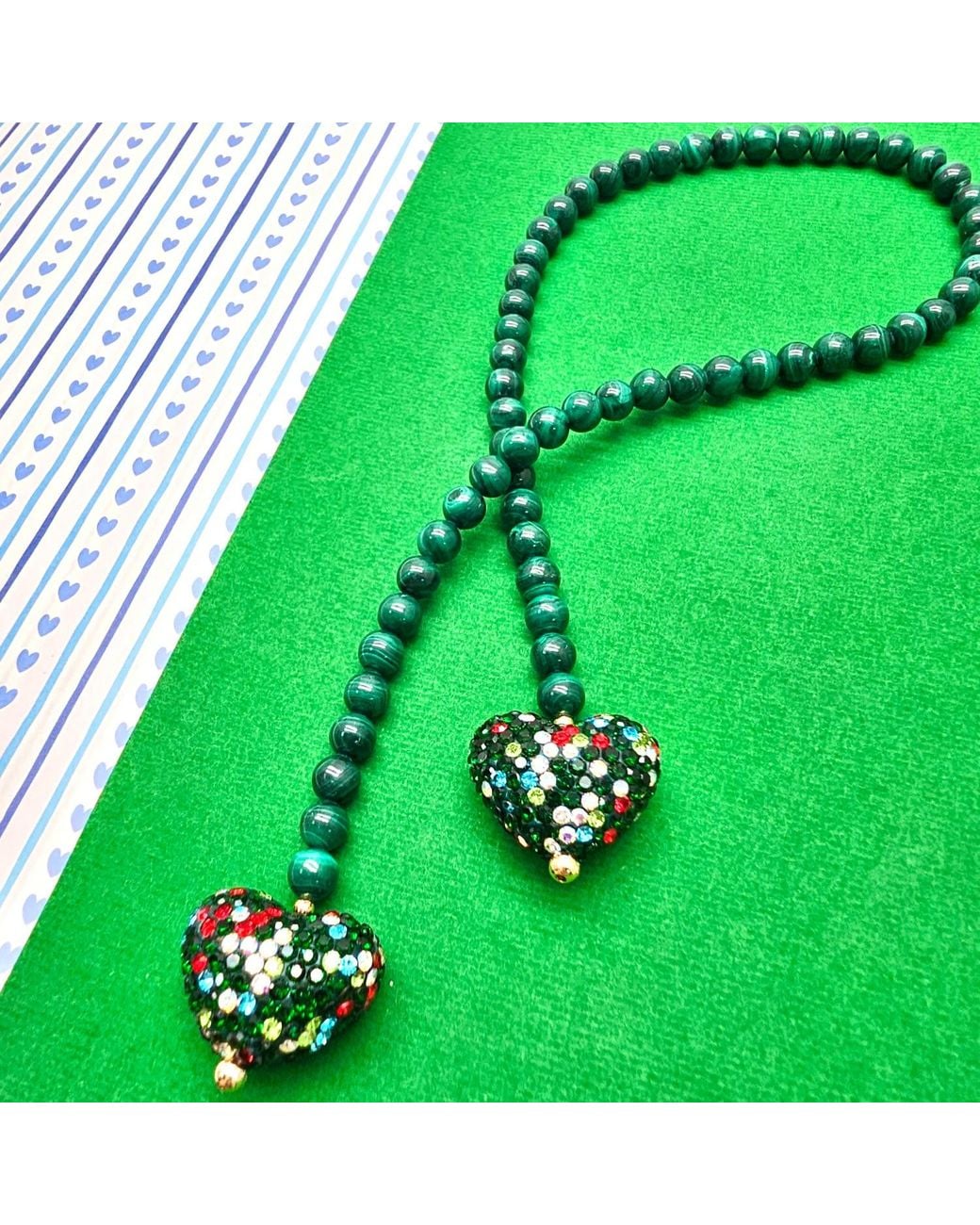 Farra Green Malachite With Rhinestone Heart Open-Ended Versatile Bag Charm