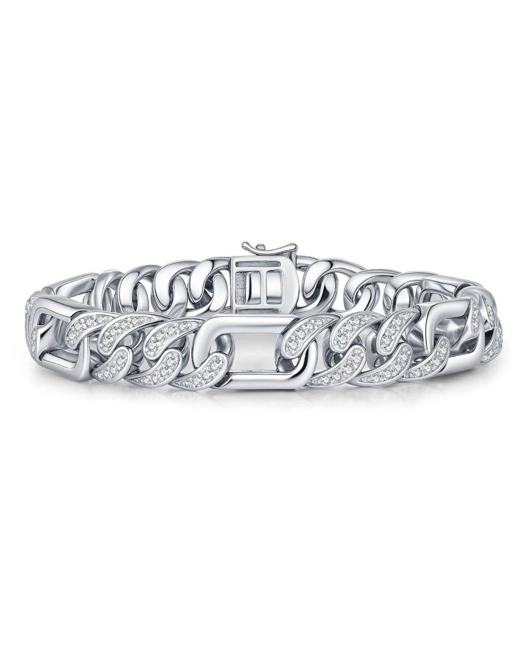 Genevive Jewelry Metallic Genevive Sterling Plated With Iced Out Cubic Zirconia Oblong Curb Chain Bracelet