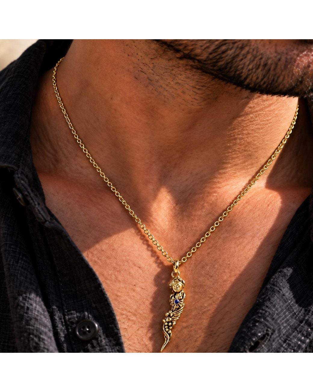 Unaloe Metallic Italian Horn Goddess Pendant Necklace With Sapphire – Plated for men
