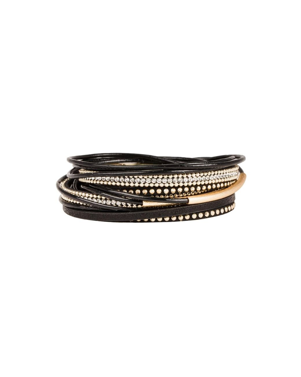 Saachi Black Leather Crystal Double Wrap Bracelet