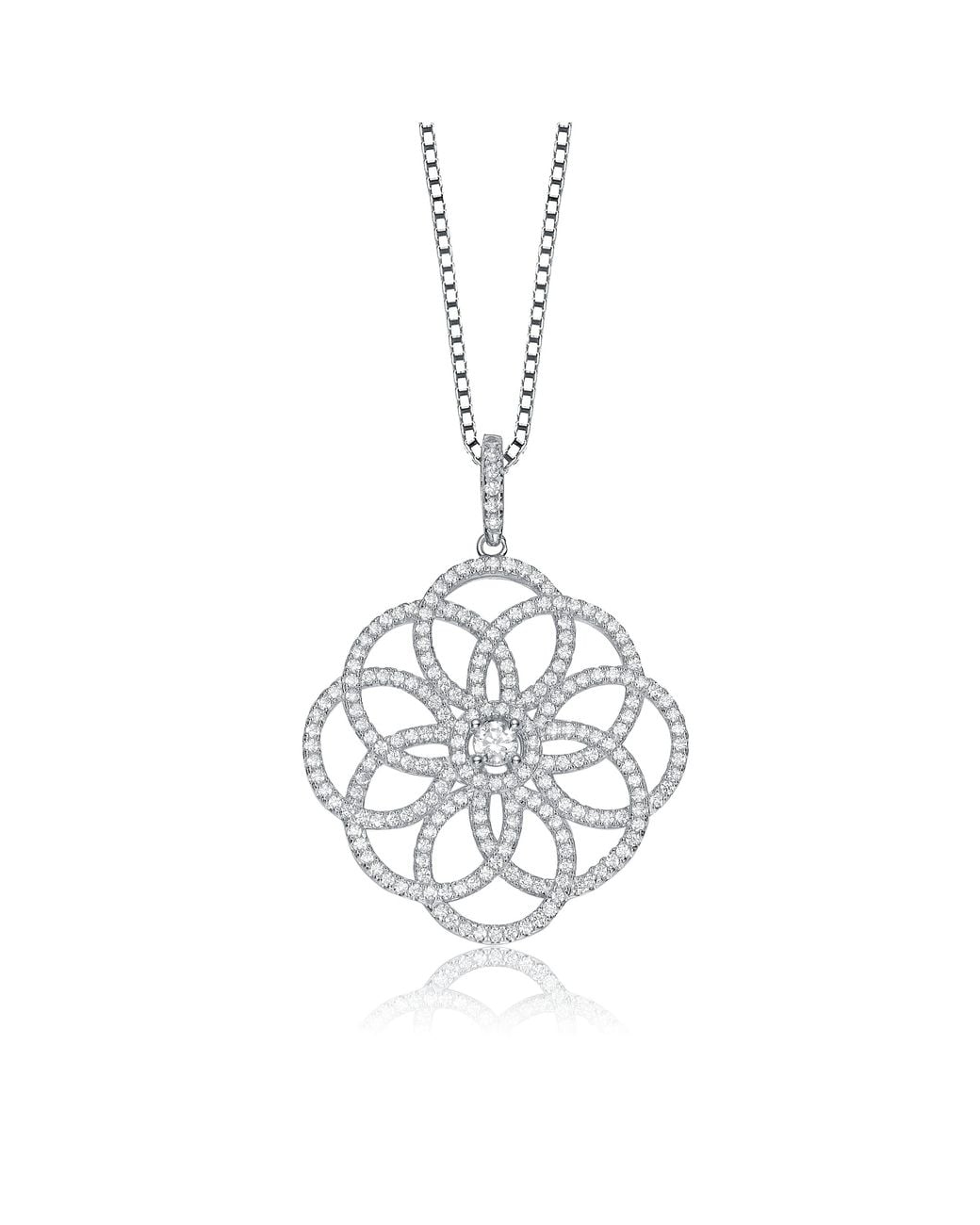 Genevive Jewelry Metallic Sterling Cubic Zirconia Intricate Flower Pendant