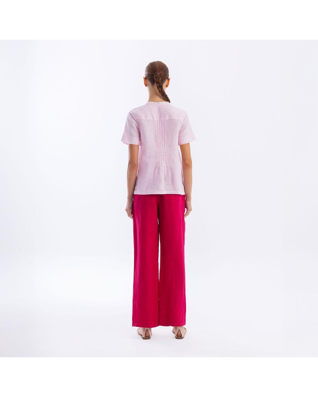 Haris Cotton Purple Linen Short Sleeve Blouse With Pintucks And Button Front Powder