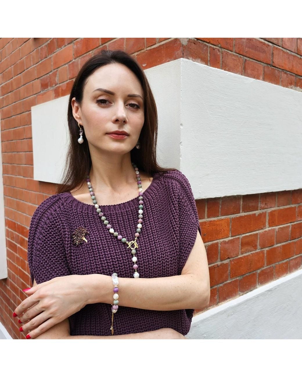 Farra Metallic Gemstone With Baroque Pearl Bracelet