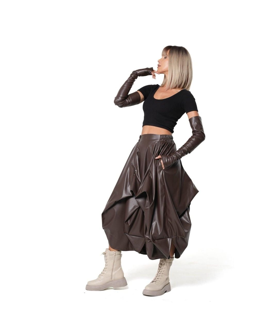 Metamorph Brown Vegan Leather Midi Skirt With Sculptural Folds