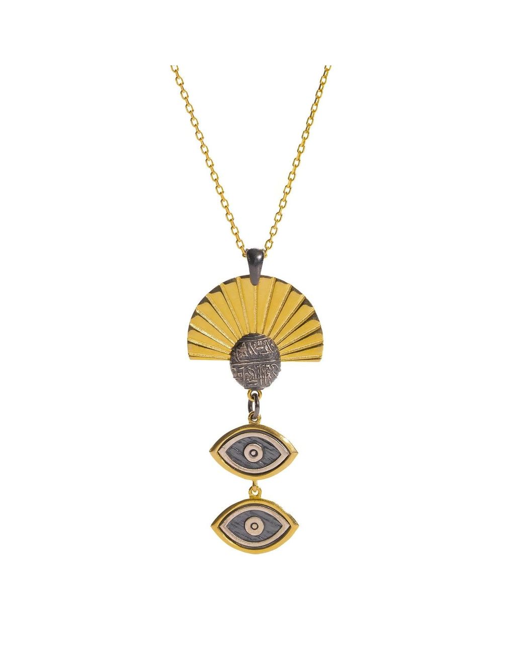 Ebru Jewelry Metallic Sun Ray Ancient Eye Two-Tone Pendant Necklace