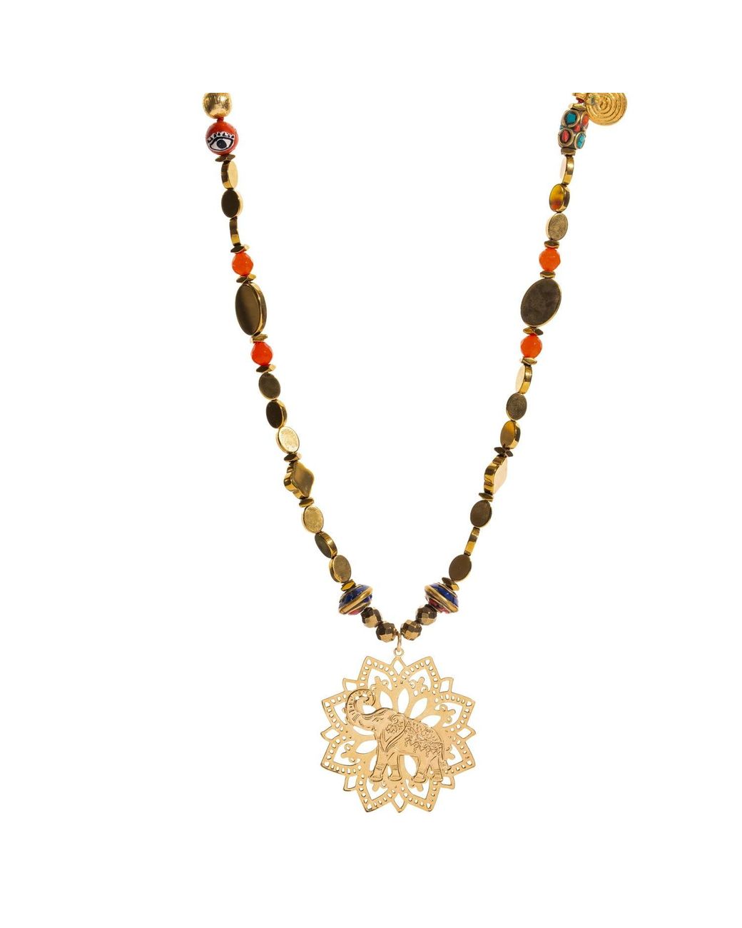 Ebru Jewelry Metallic Elephant Mandala Talisman Beaded Necklace