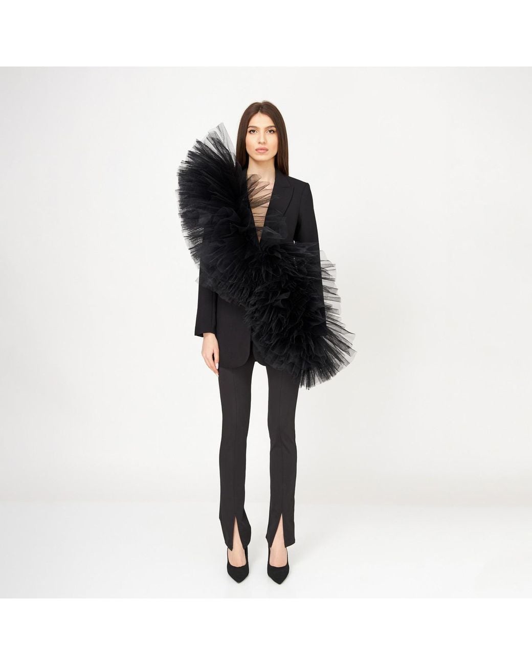 LIA ARAM Black Tulle-Adorned Blazer