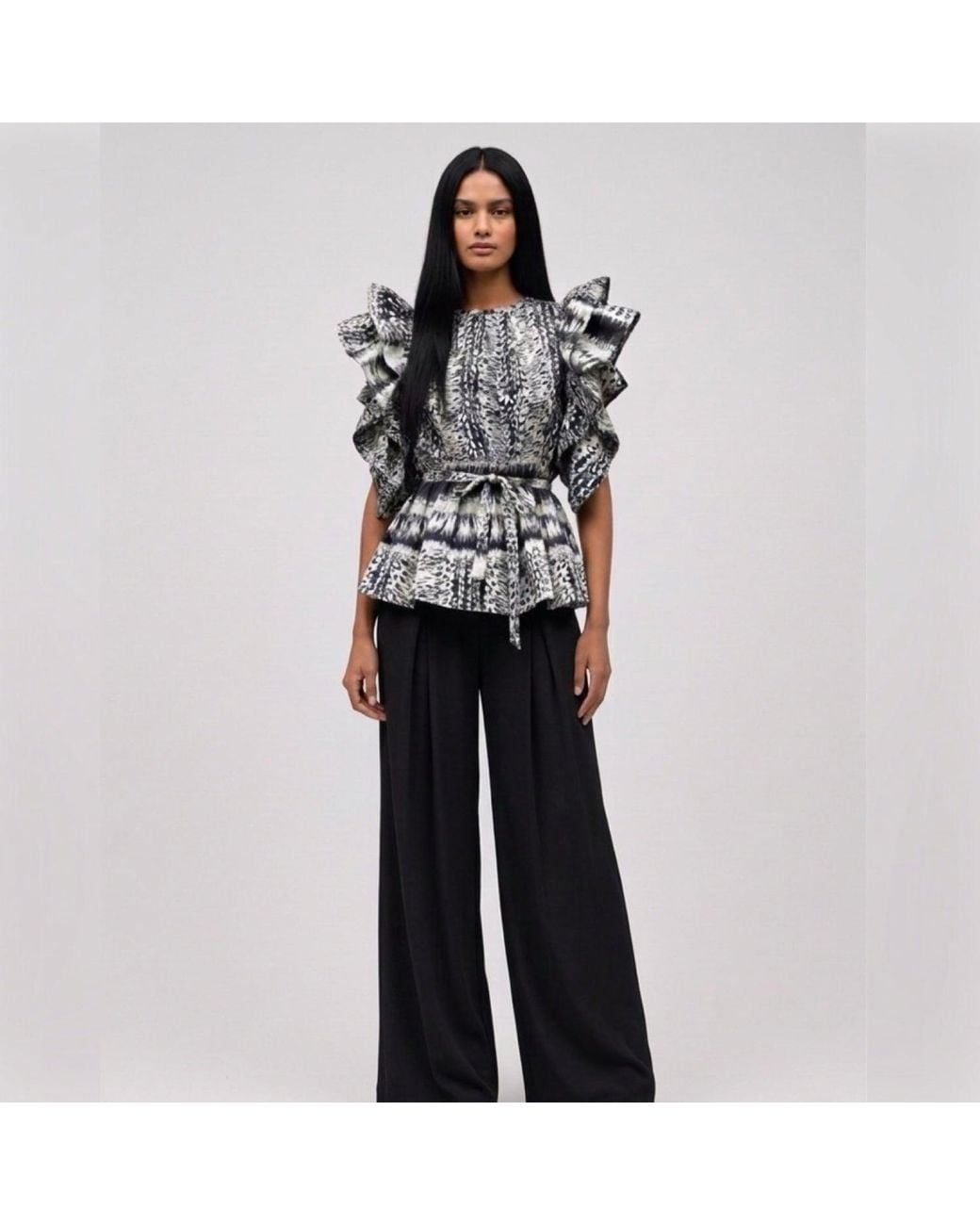 Imaatu Black Butterfly Sculptural Ruffle Sleeve Peplum Blouse