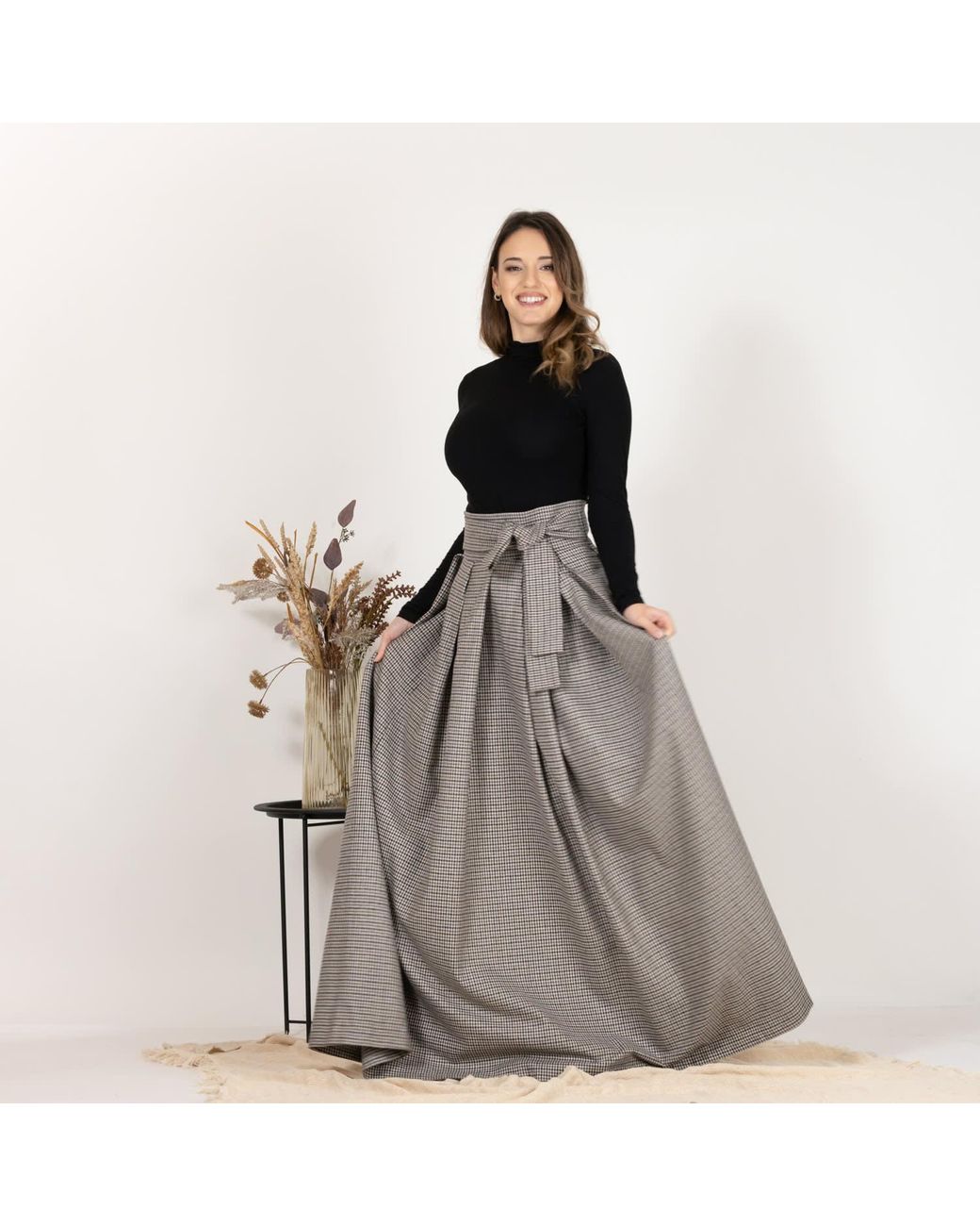 Nikka Place Gray Wool Maxi Skirt With High Waist And Bow