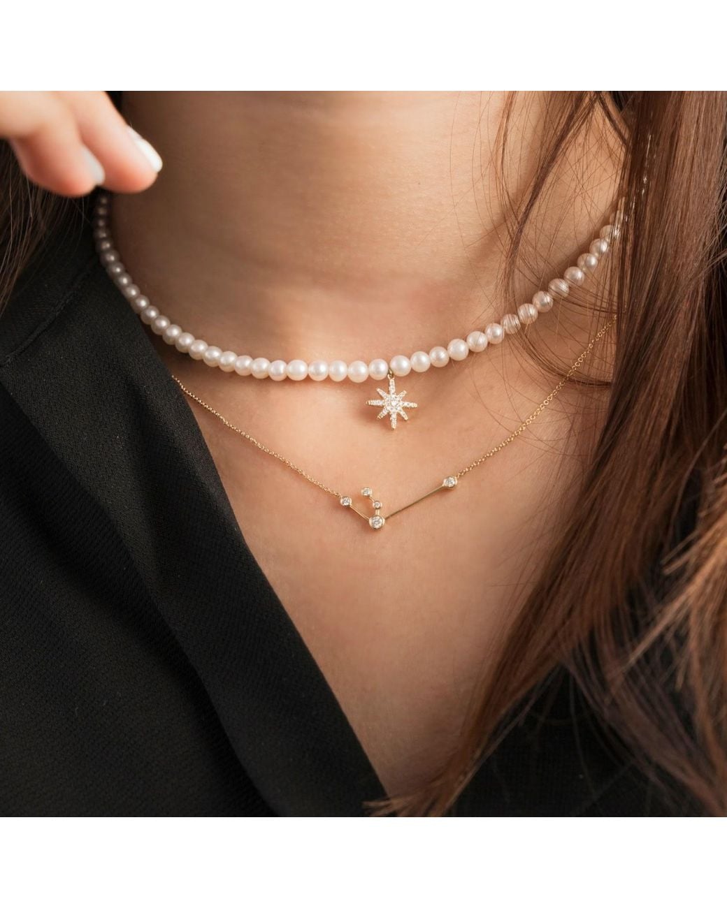 Genevieve Collection Metallic Aquarius Zodiac Constellation Necklace 18K & Diamond