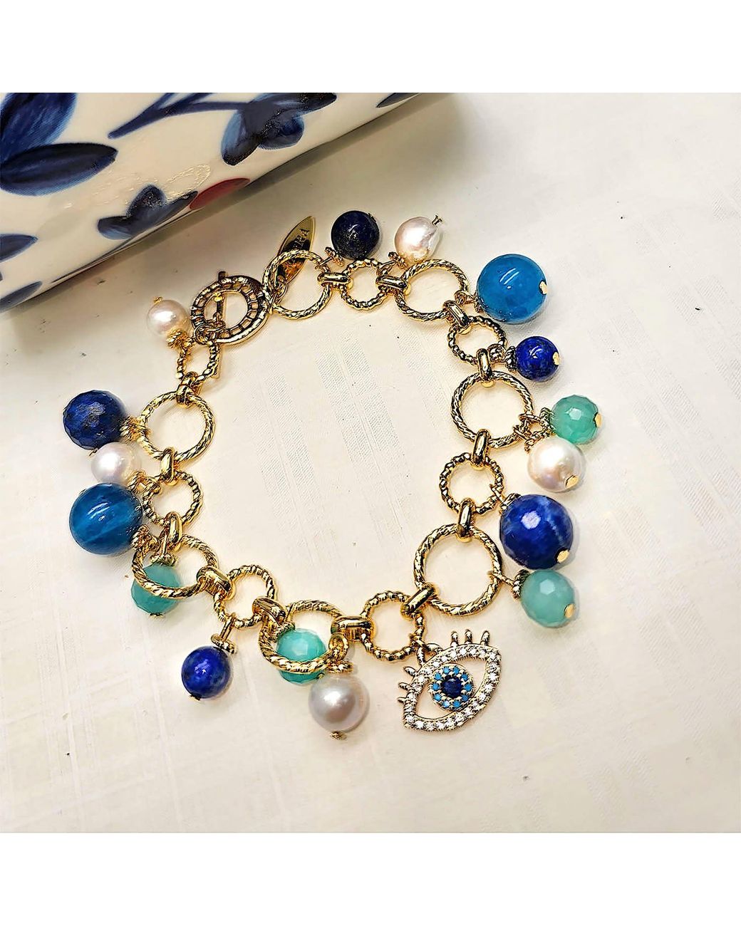 Farra Blue Lapis Lazuli Amazonite And Pearl Turkish Evil Eye Charm Bracelet