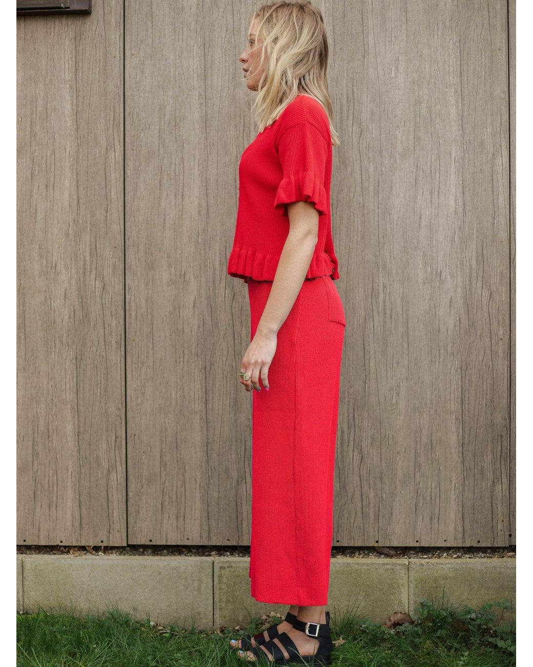 Cara & The Sky Red Marlow Ruffle Co-Ord Short Sleeve Cardigan
