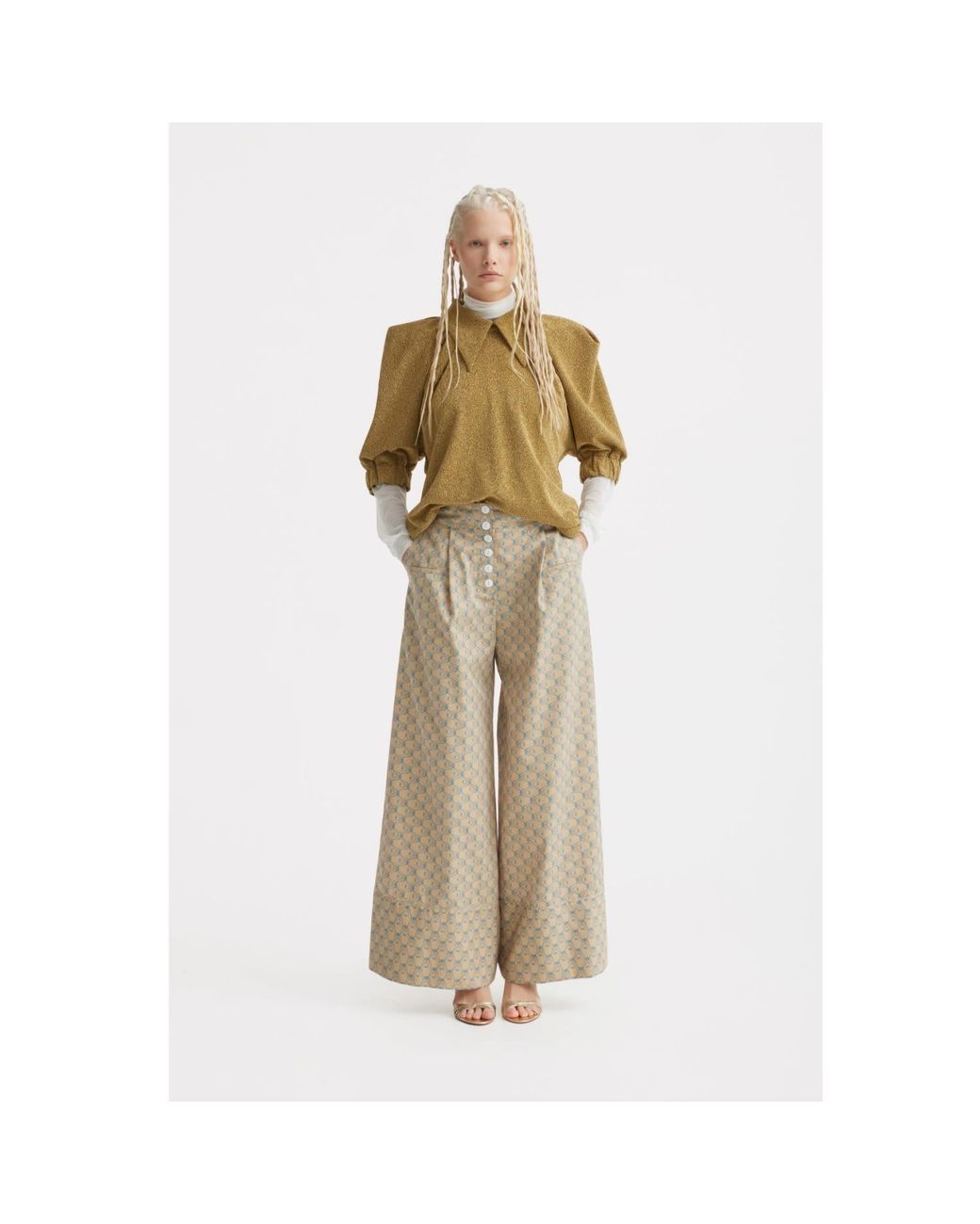 Julia Allert Green Evening Metallic Knit Puff Sleeve Blouse