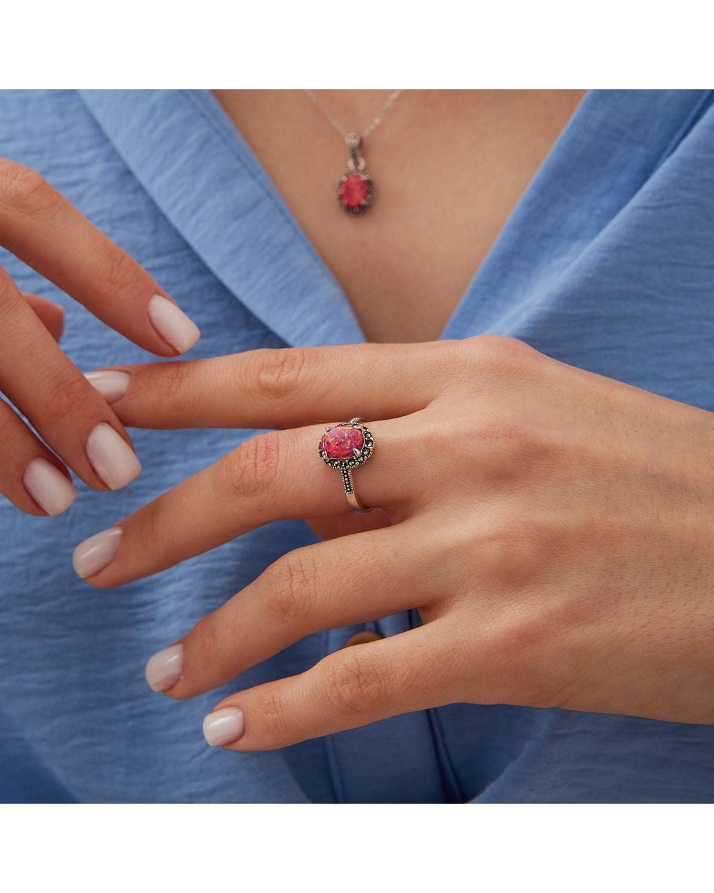 Spero London Pink Circle Opal High Quality Sterling Necklace Earring Ring Set