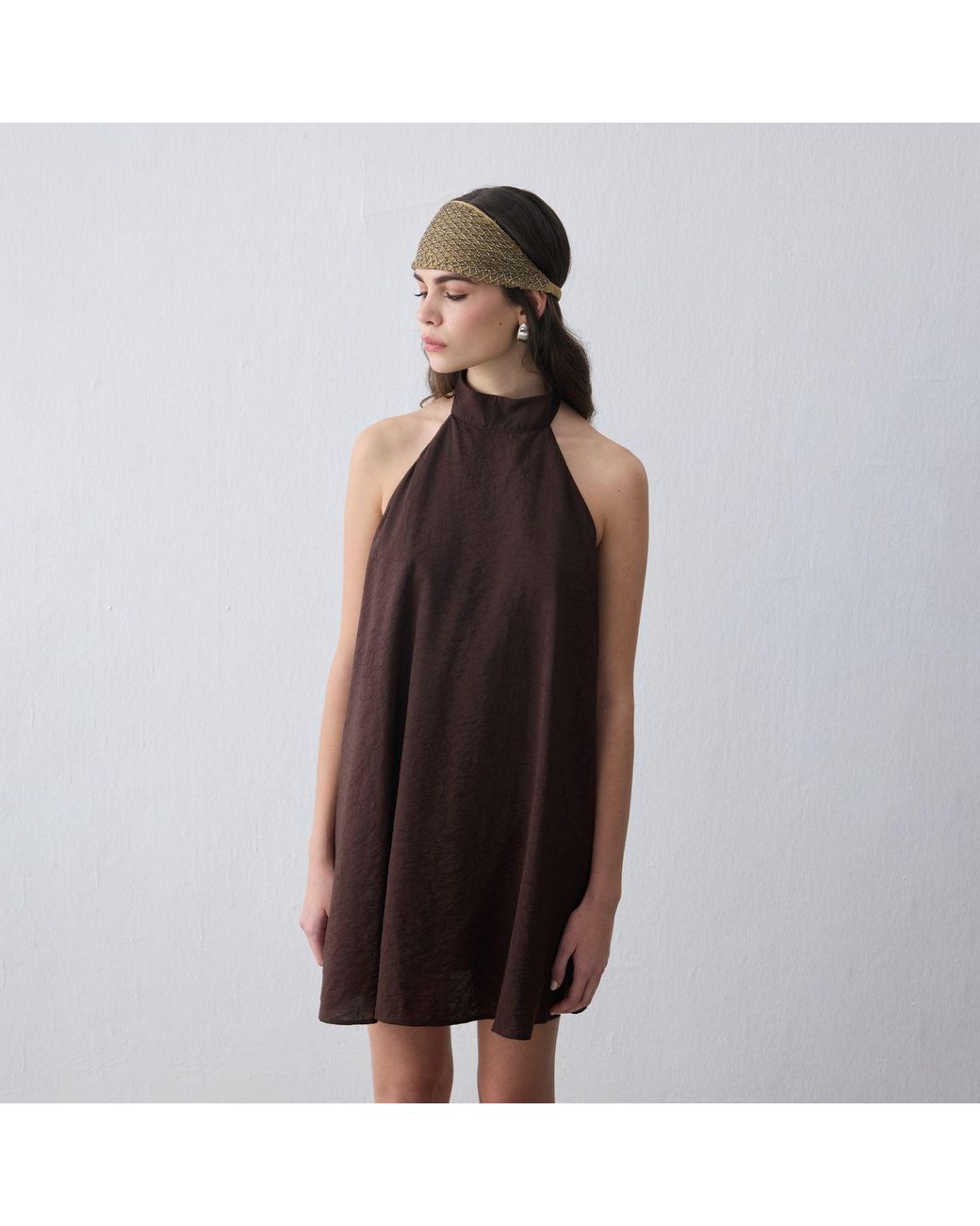 Thisisu Collection Brown Nysa Halter-Neck Jacquard Mini Dress