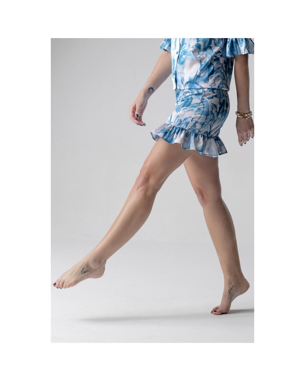 Oh!Zuza Blue Frida Satin Viscose Pyjama Set Frill