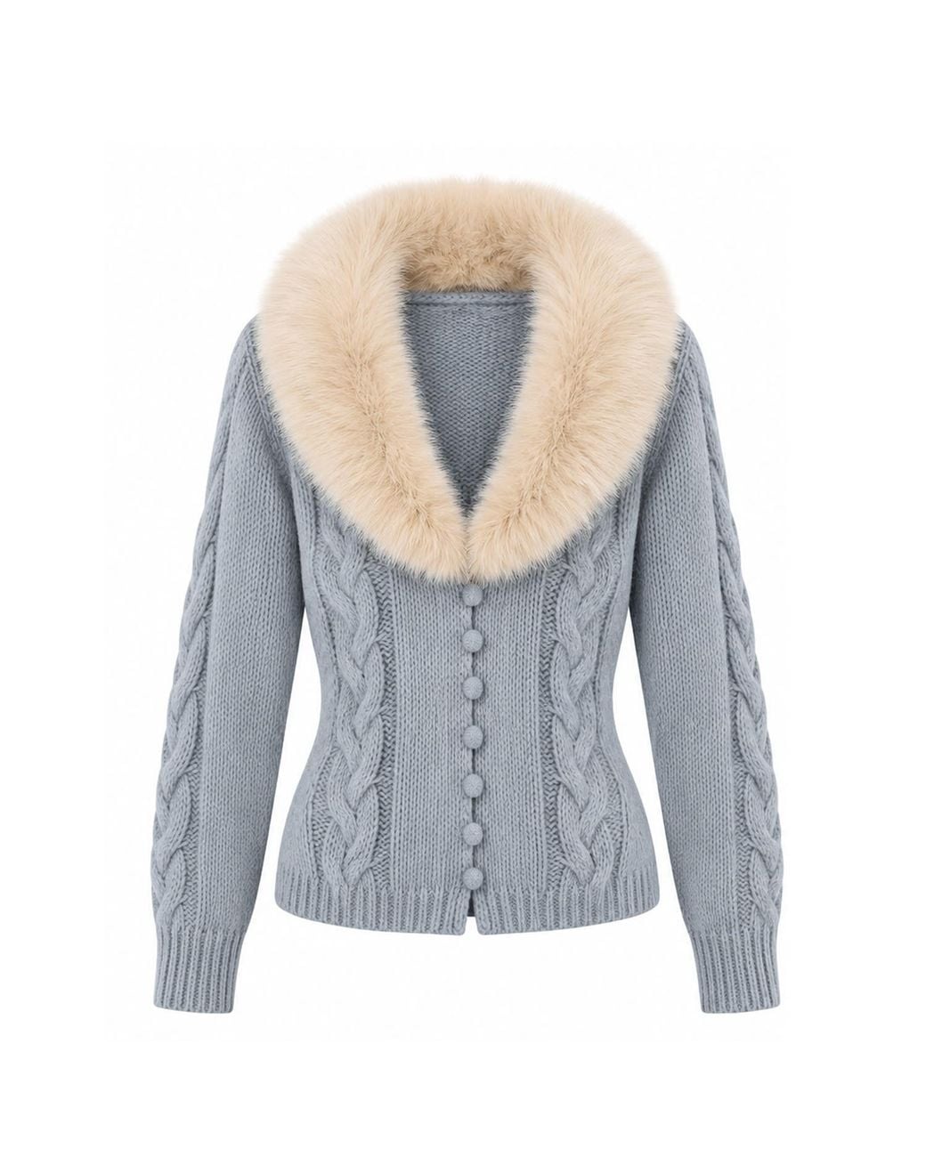 Belsize25 Blue Cashmere-Blend Faux Fur Collar Cable-Knit Cardigan