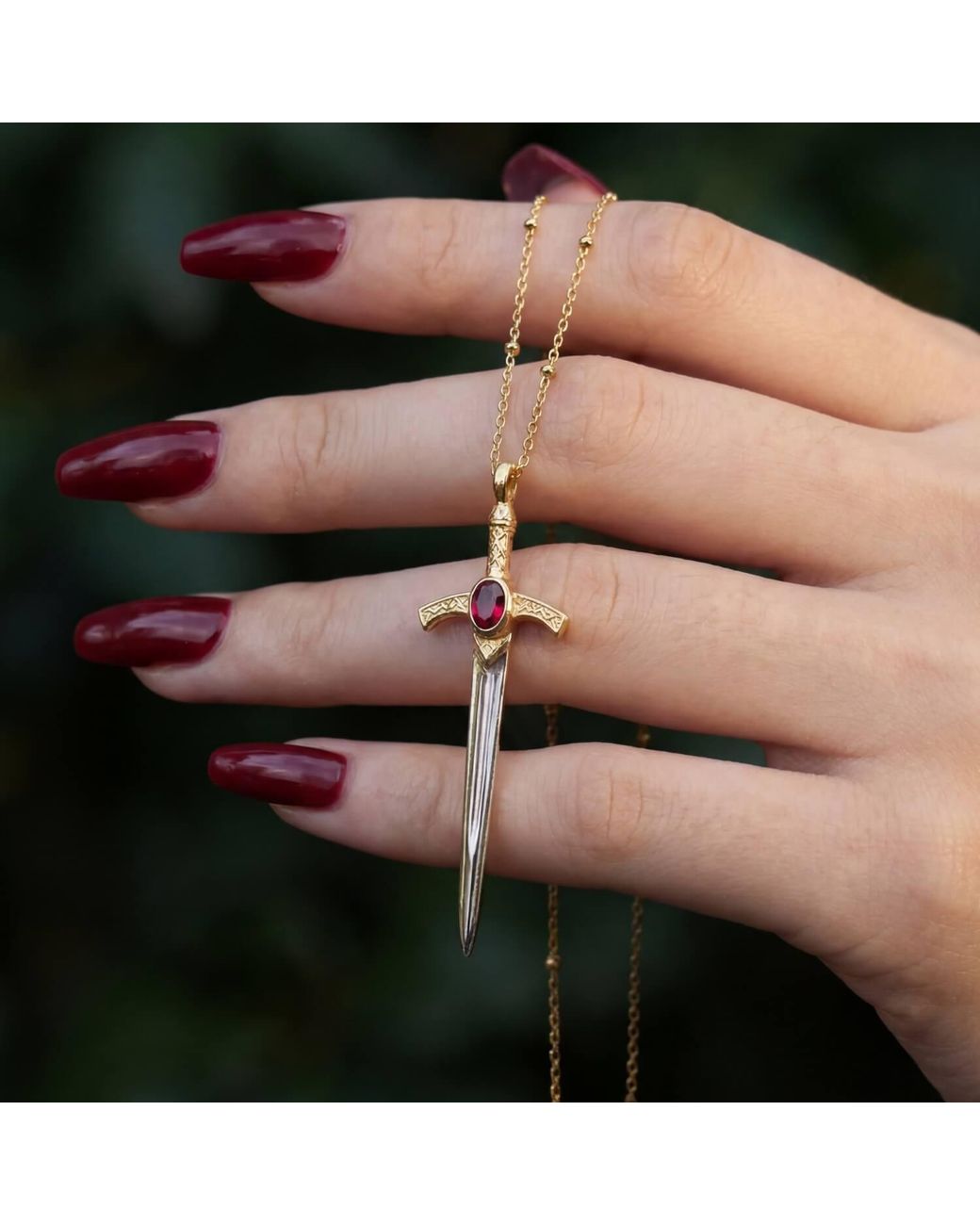 Azura Jewelry New York White Oathblade Garnet Sword Necklace Vermeil