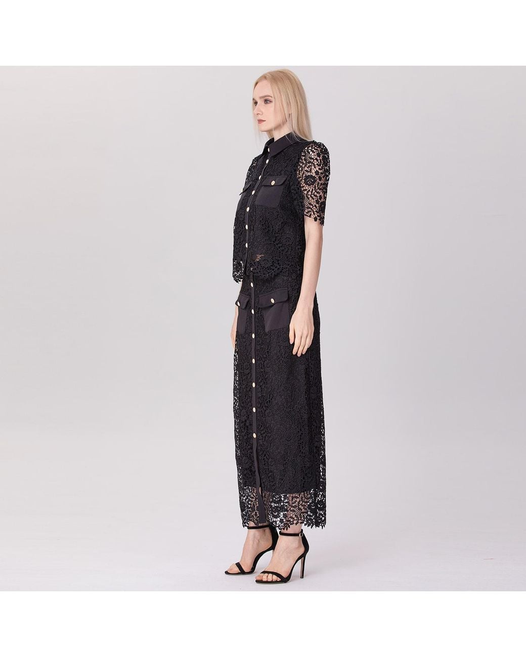 Smart and Joy Black Lace And Center Buttons Straight Midi Skirt