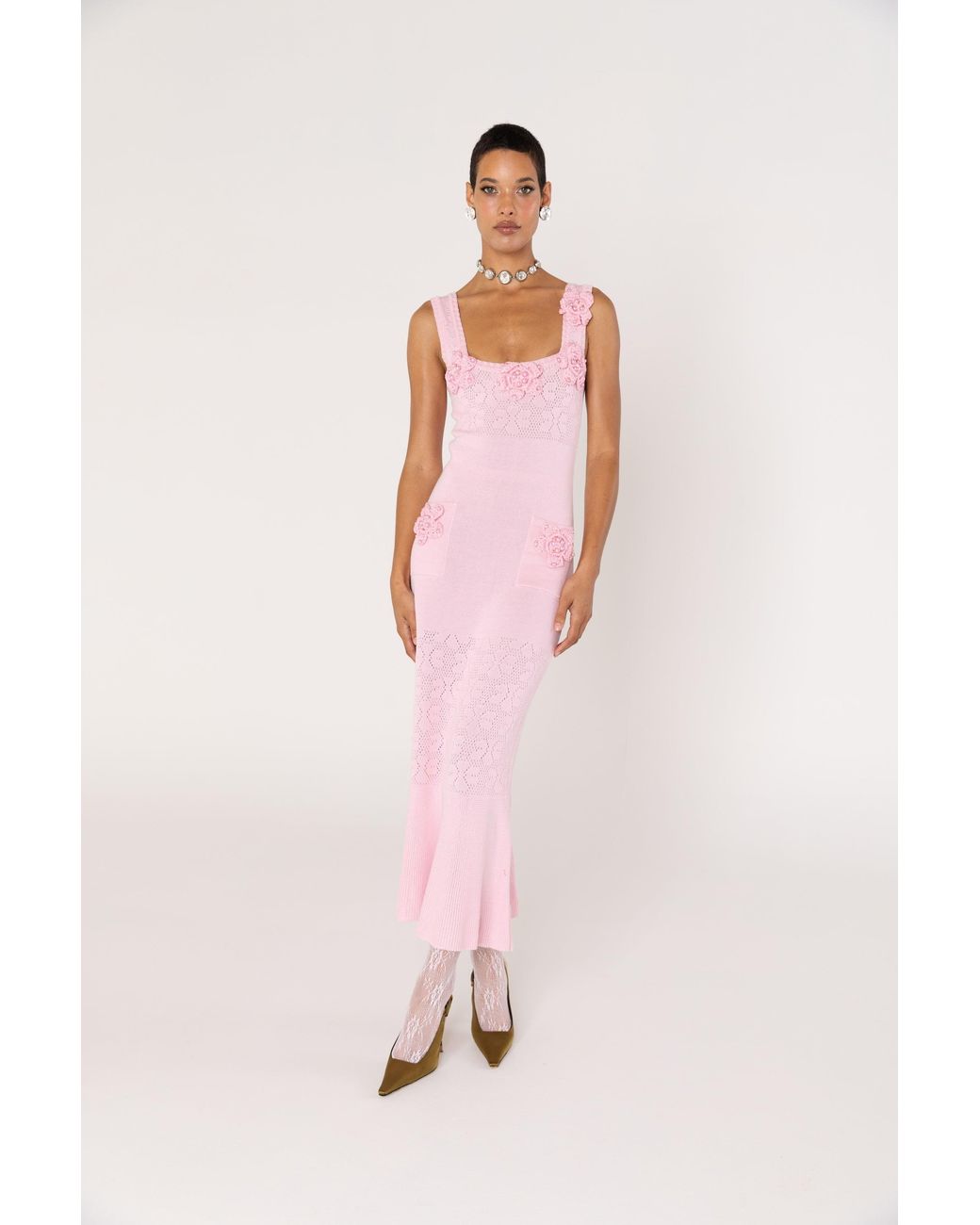 Andreeva Pink Rose Vanilla Knit Dress With Handmade Knit Details