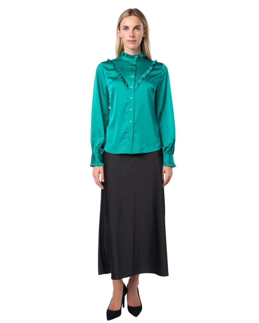 Carloslines Green Ruffle Stand Collar Long Sleeve Shirt