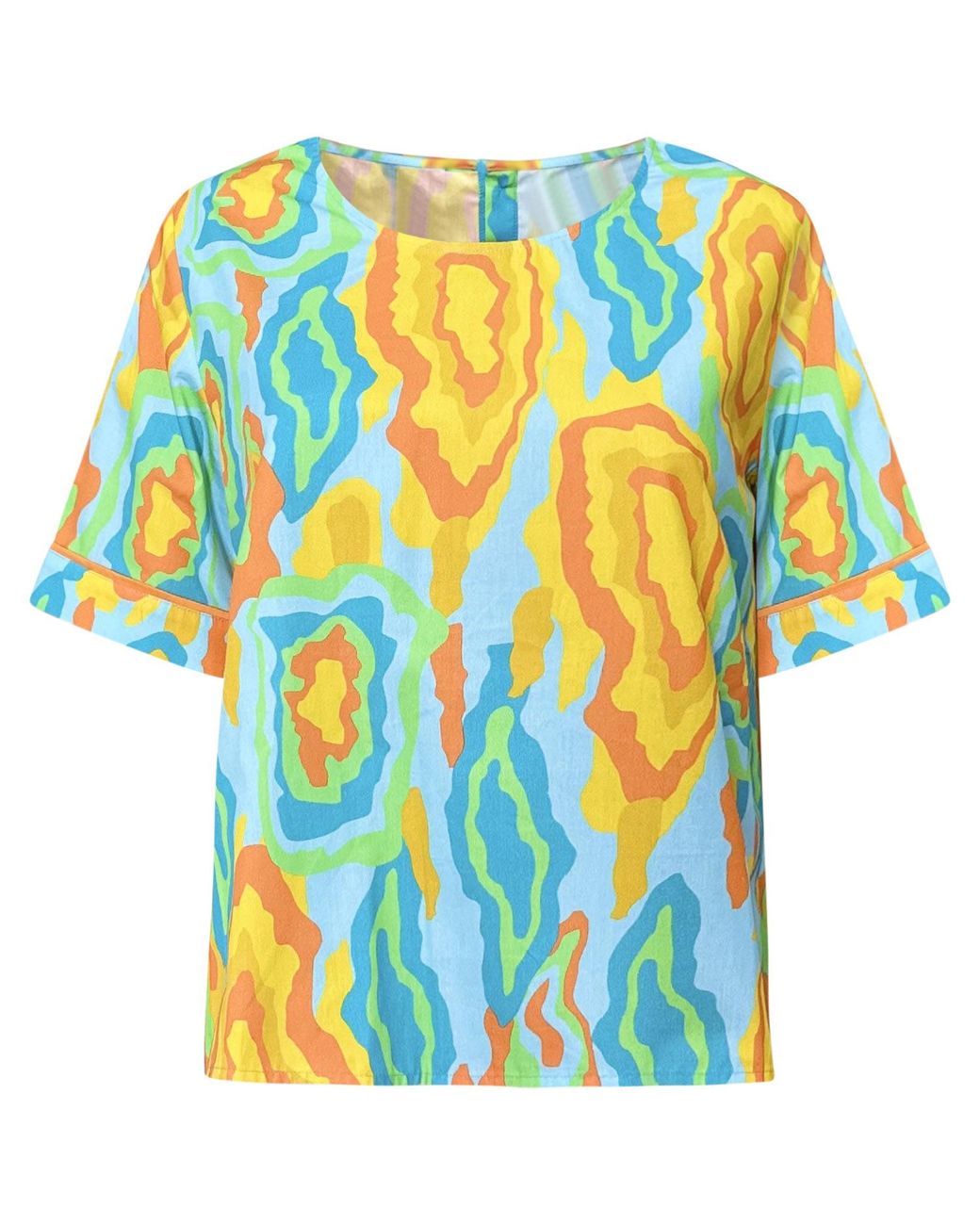 Perlavera Blue Didi Peach Carnaval Printed Cotton With Back Placket Short Sleeve Length Shirt