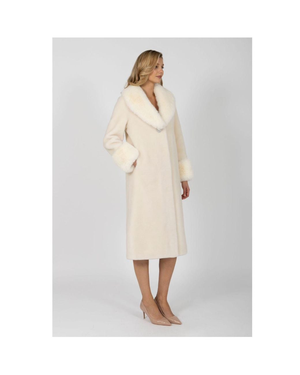 Santinni Natural Sunset Boulevard Long Wool Coat With Faux Fur