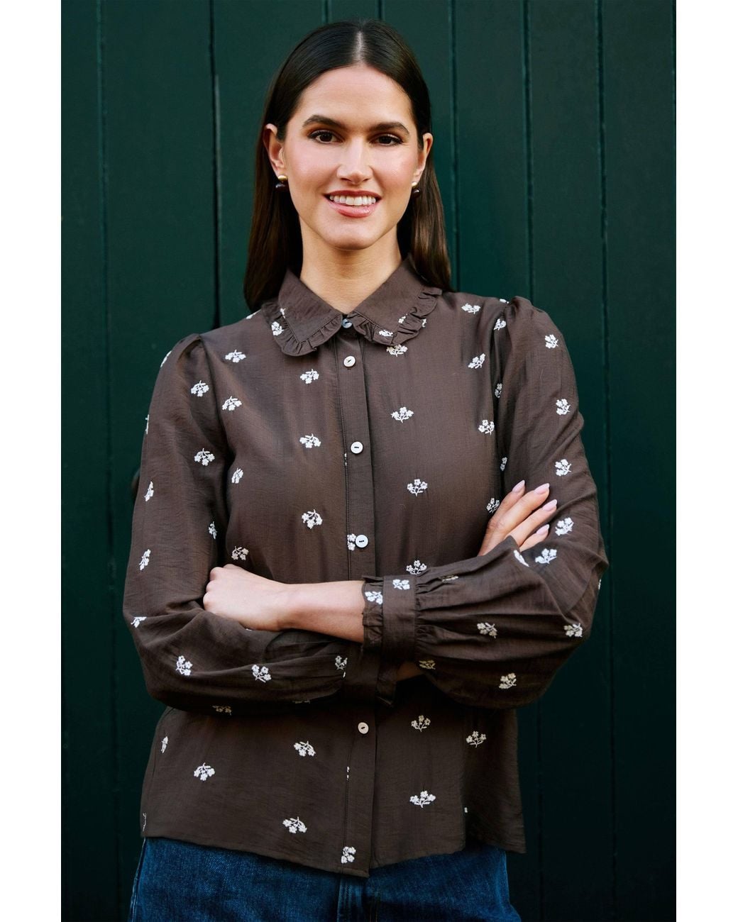 Yumi' Brown Viscose Daisy Embroidered Shirt