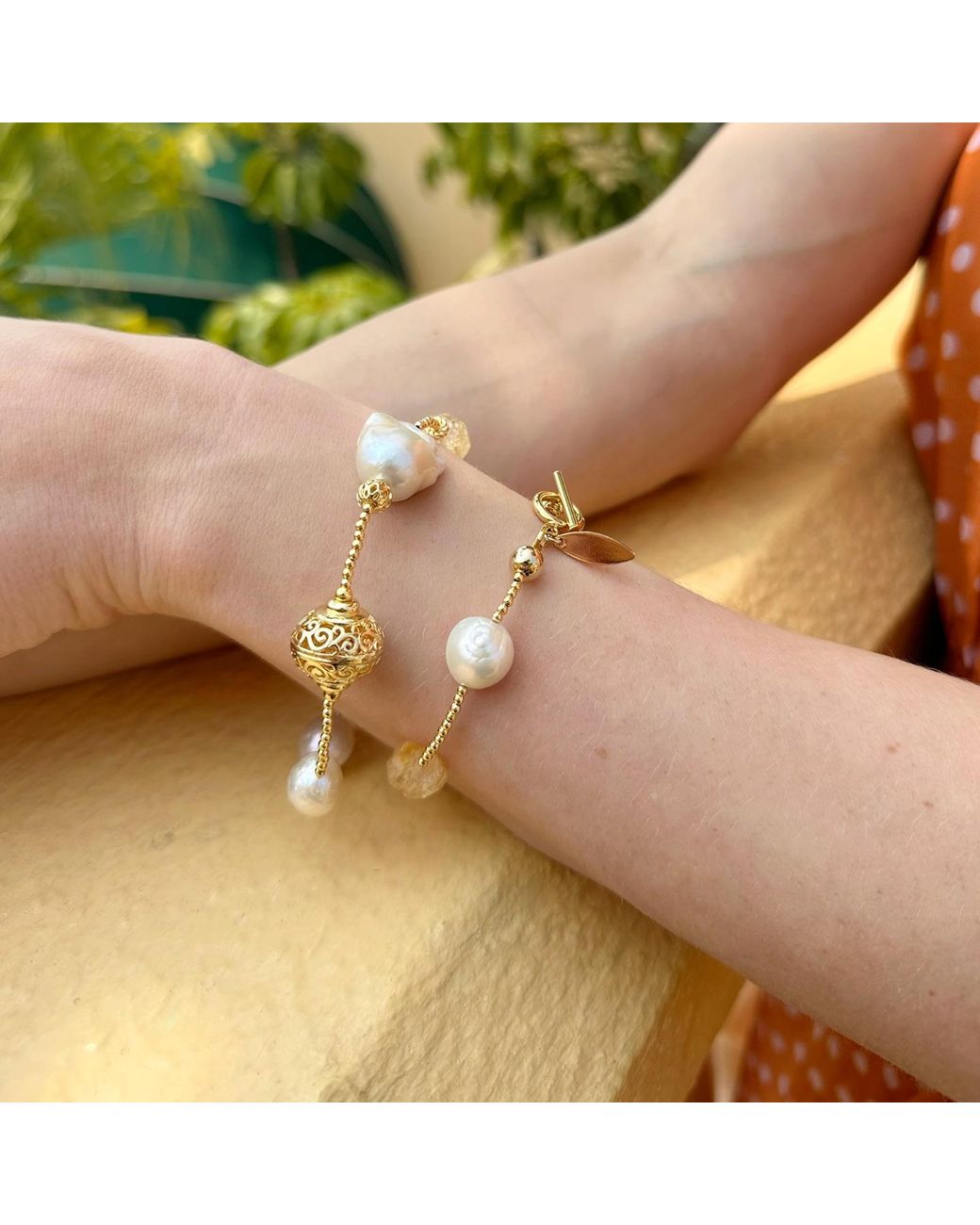 Farra Metallic Citrine With Freshwater Pearls Double Wrapped Bracelet