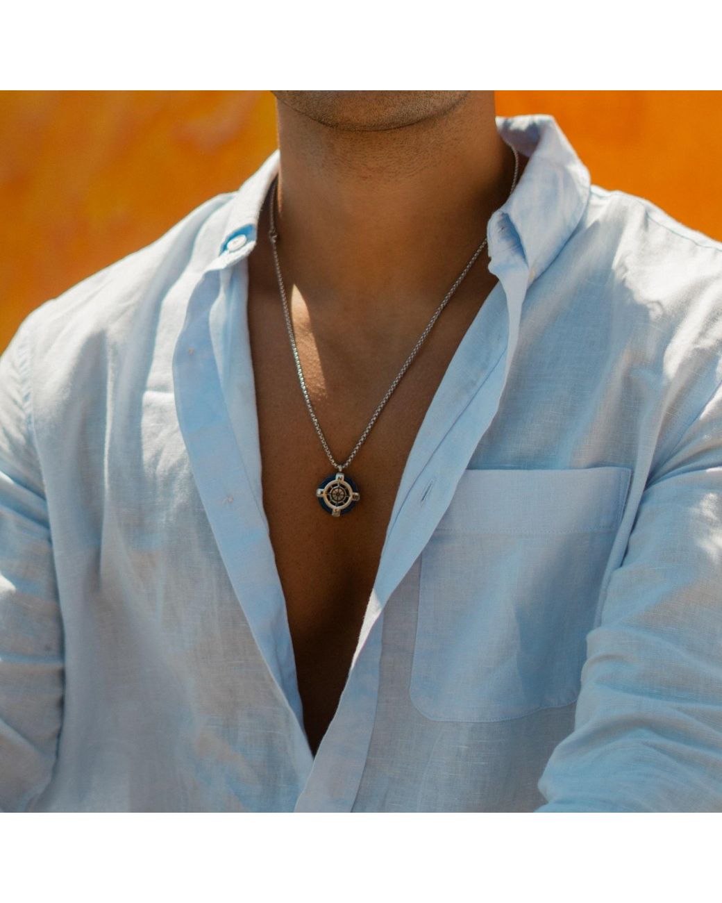 Ebru Jewelry Metallic True North Compass Ship Wheel Steel Necklace for men