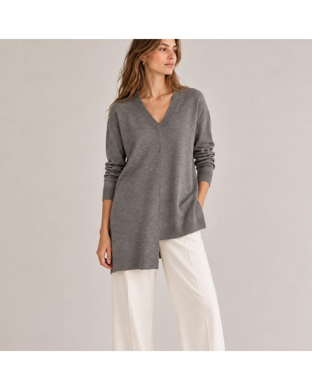 Nuvv Collection Gray Asymmetric Merino Wool Sweater – Premium Italian Yarn Design