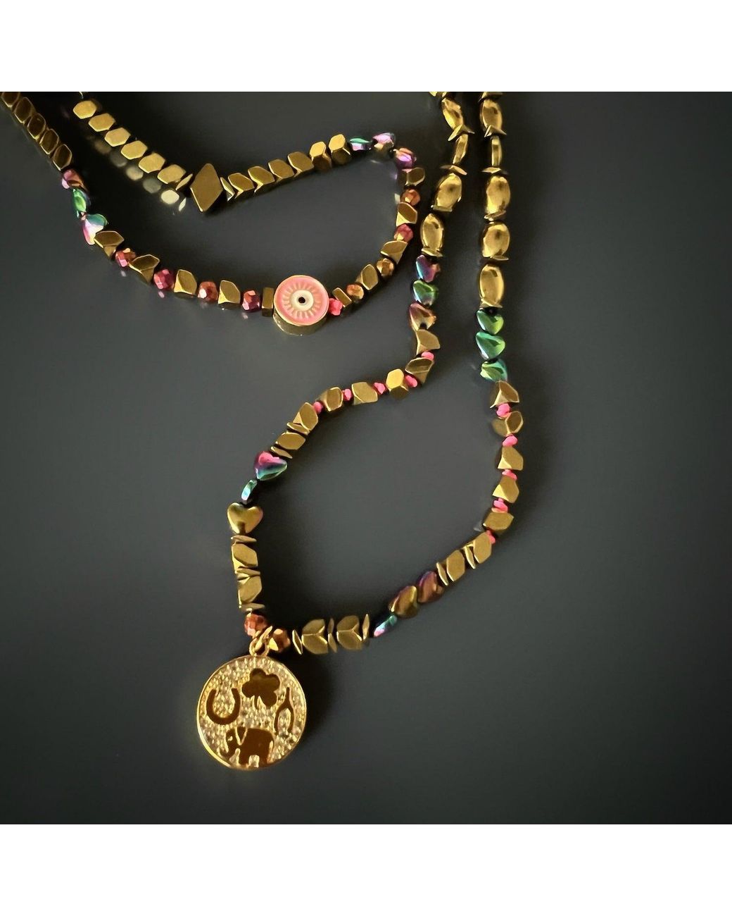 Ebru Jewelry Metallic Good Luck Symbol Design Pendant Hematite Beaded Necklace