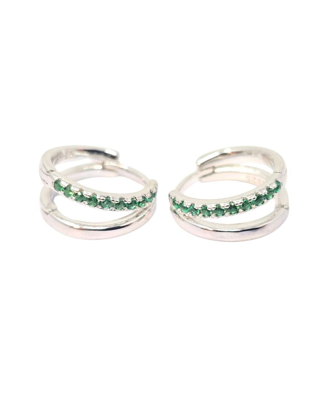 Harfi Metallic Emerald May Birthstone Double Hoop Small Huggie Sterling Earrings