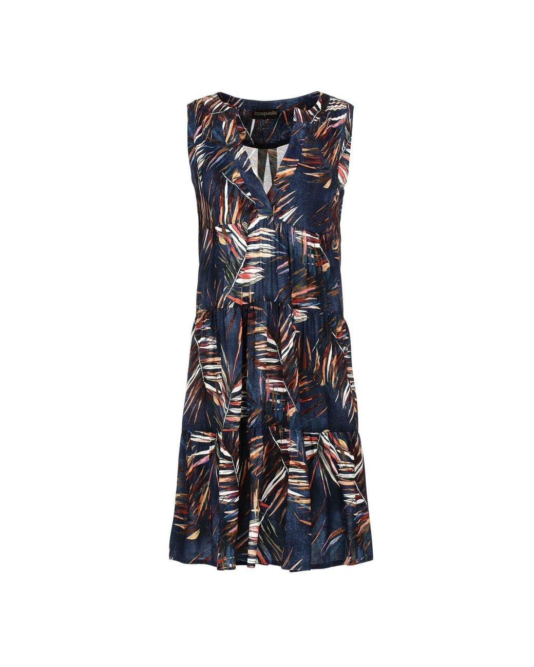 Conquista Blue Sleeveless Leaf Print A Line Dress