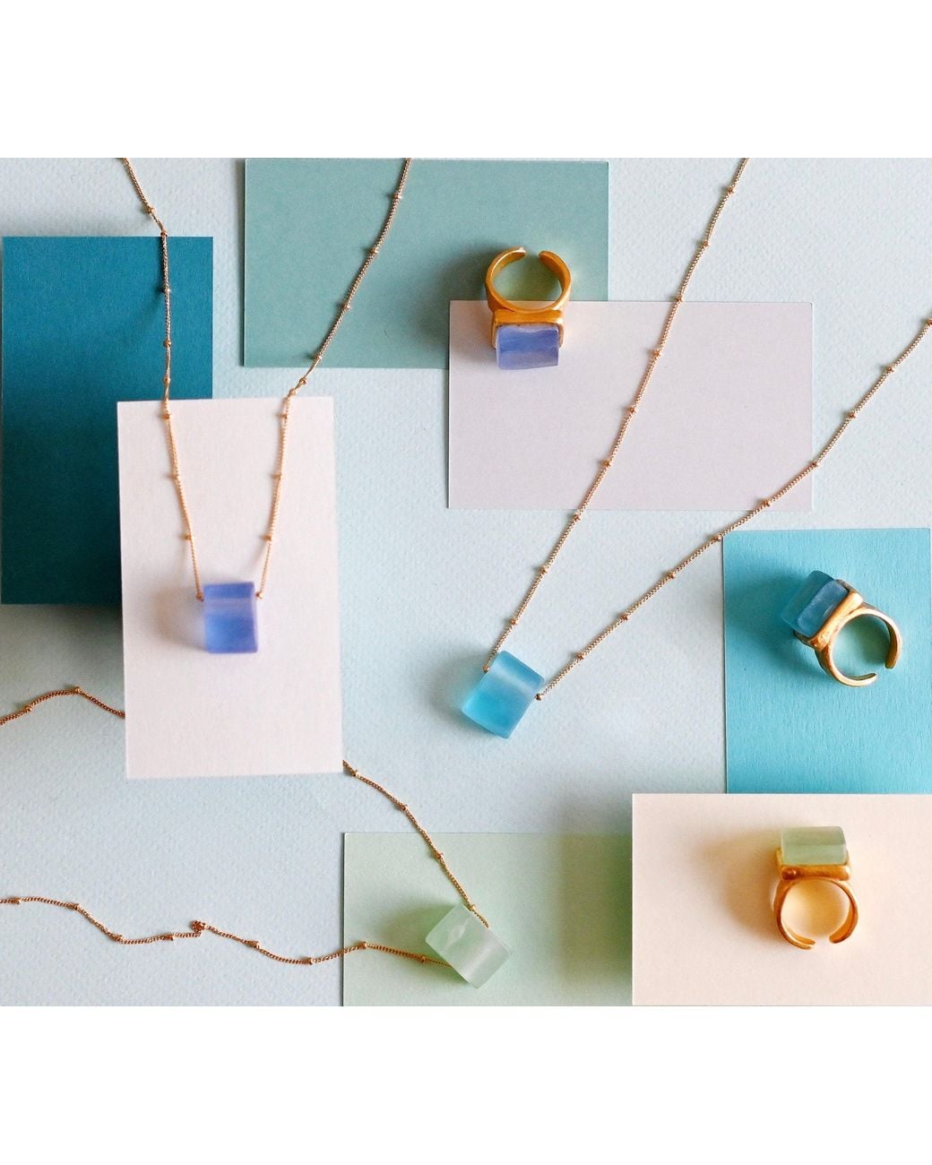 Smart Glass Jewelry Metallic Recycled Gin Bottle Cube Necklace Fill Aqua