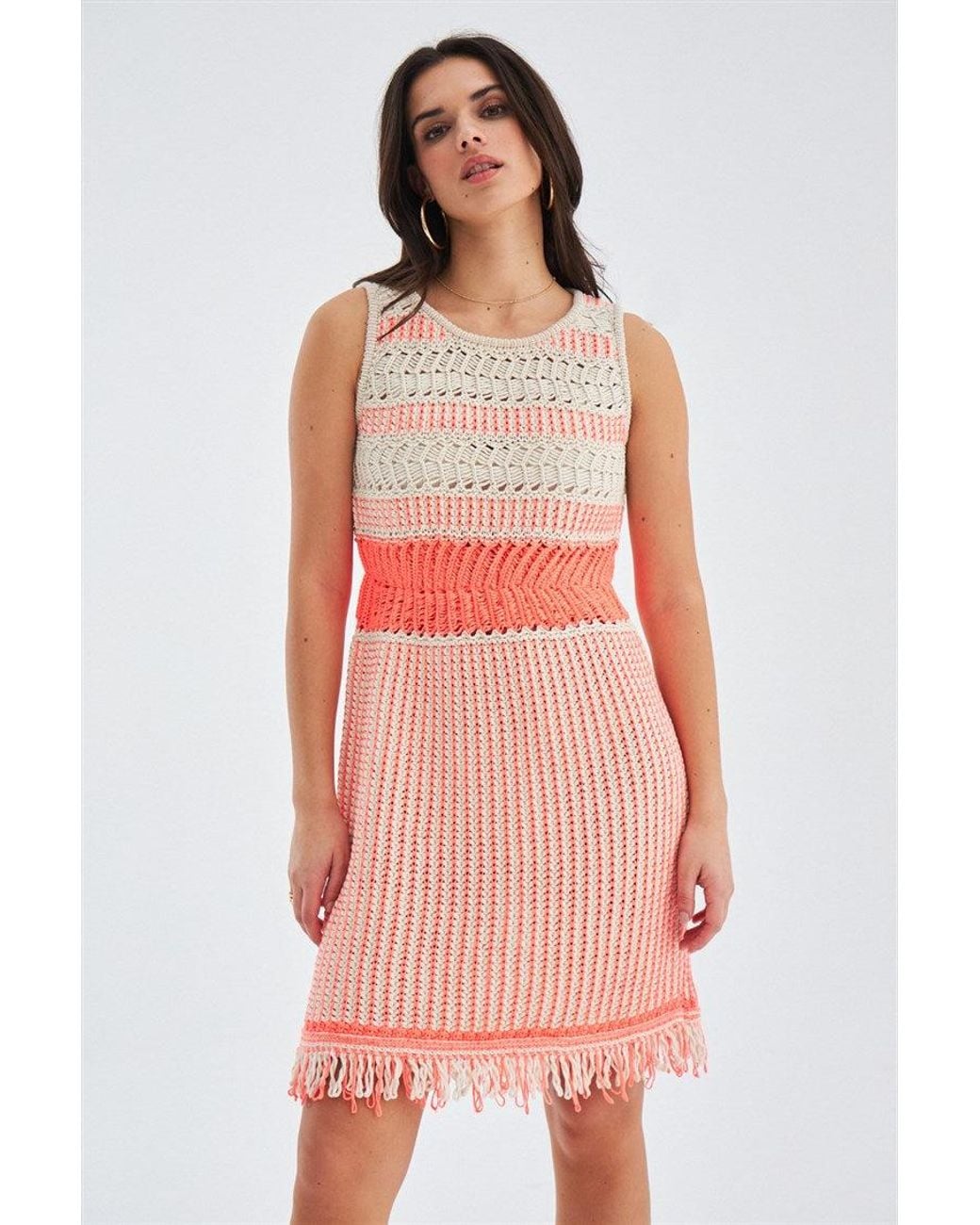 Peraluna Pink Kiyo Sleeveless Above-Knee Tasseled Open Work Summer Knit Dress