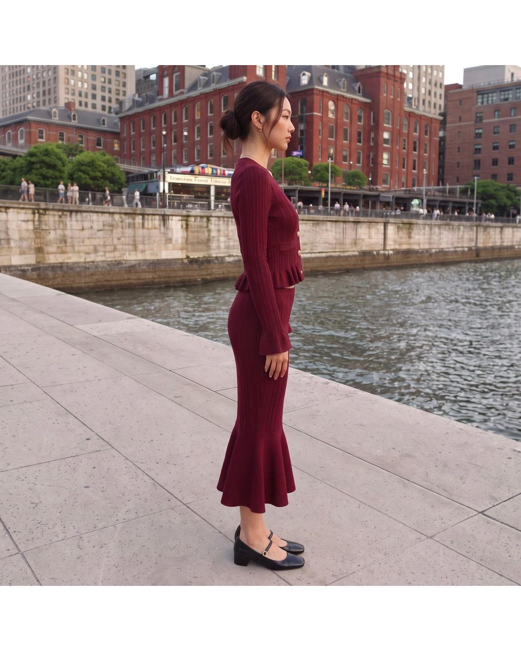 Modenaire Red Pointelle Knit Peplum Cardigan And Midi Skirt Set