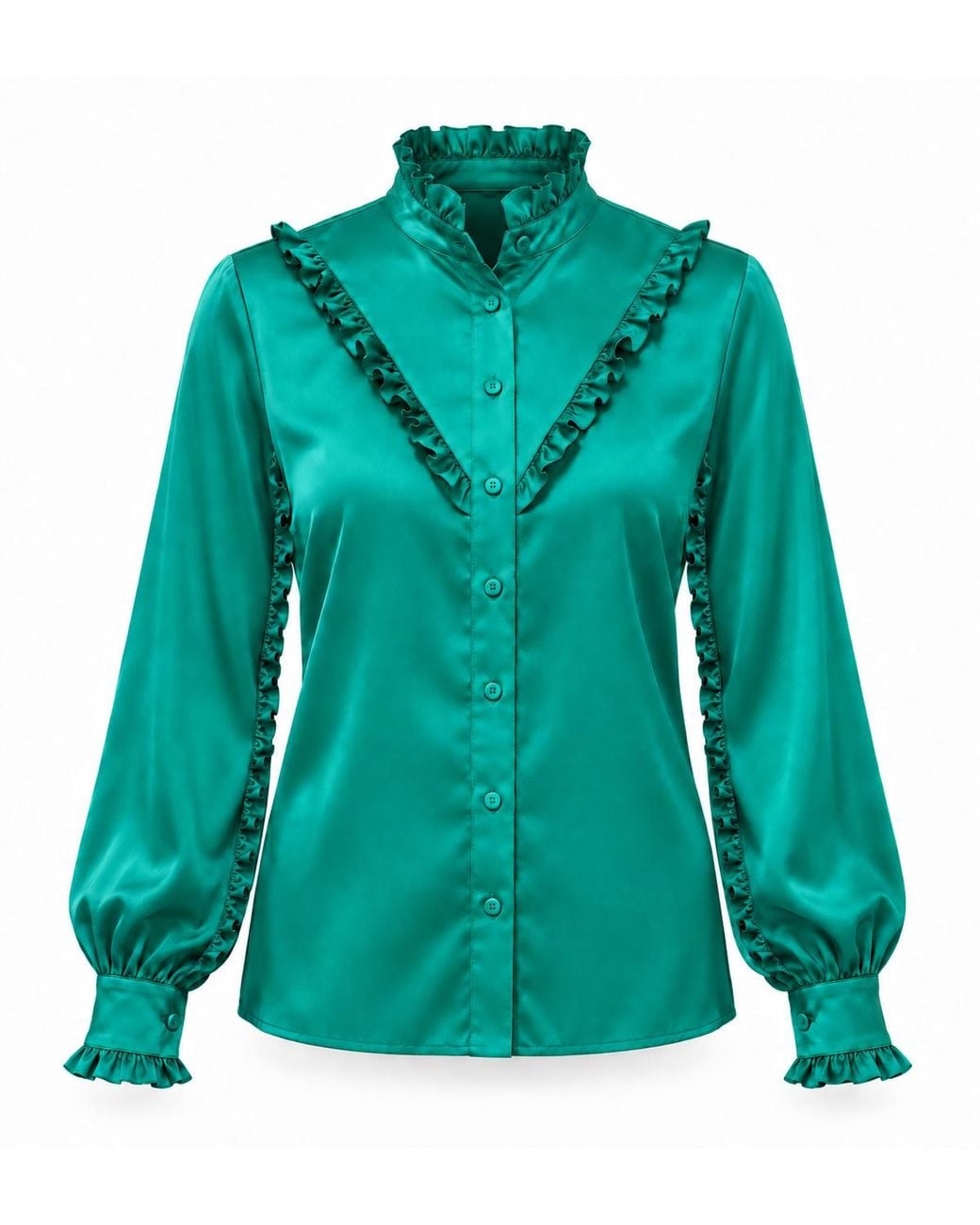 Carloslines Green Ruffle Stand Collar Long Sleeve Shirt