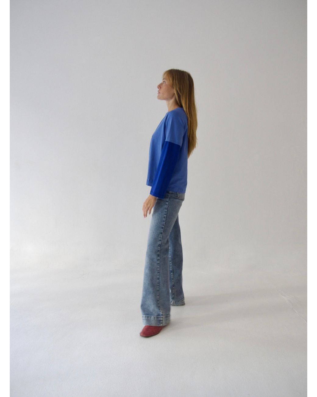 Mind Traveler Blue Double Sleeve Cropped Aria T-Shirt With Flower Detail