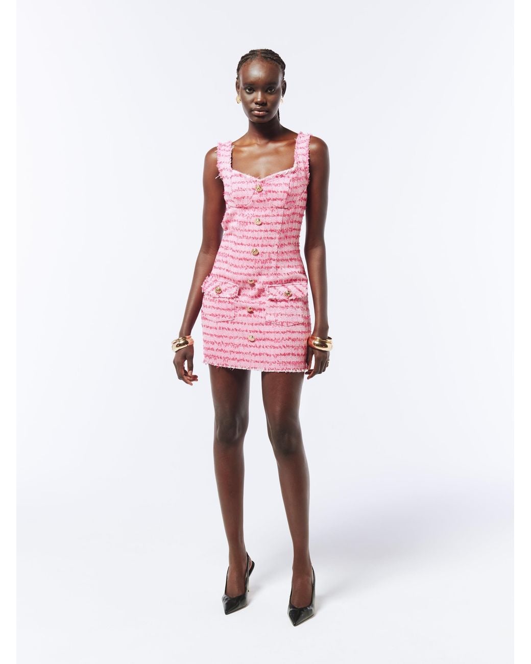Sour Figs Pink Tweed Frayed Trim Mini Dress