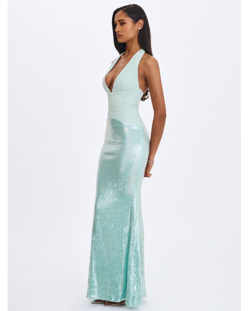 Miss Circle New York Green Wendale Mint Sequin Plunging Mermaid Maxi Dress