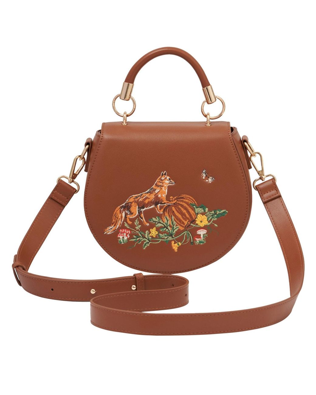 Fable England Brown Embroidered Vegan Leather Saddle Crossbody Bag
