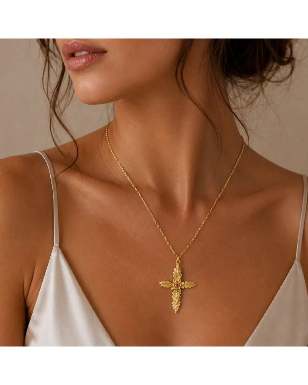 Unaloe Metallic Cross Amen Necklace-Plated With Natural Ruby