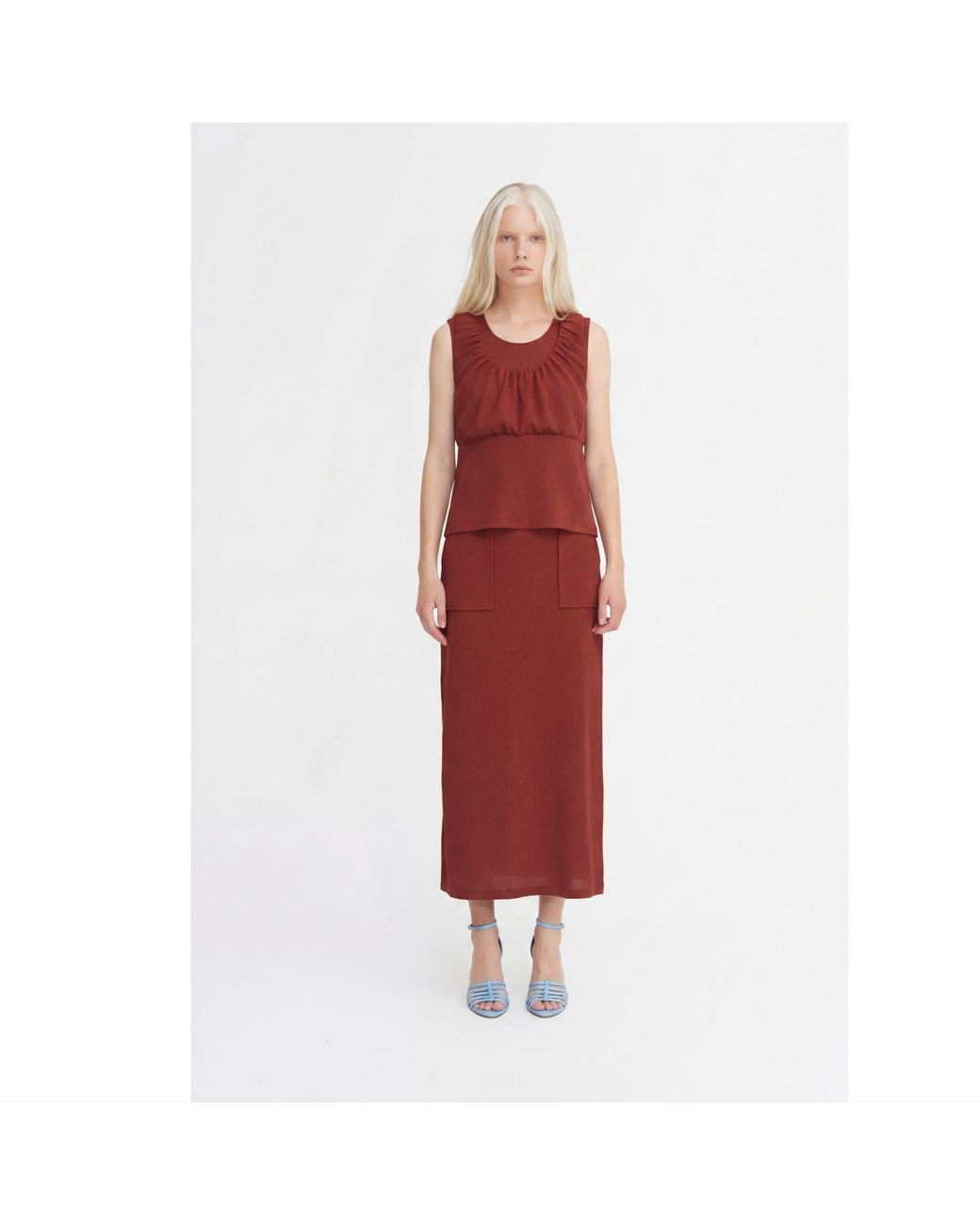 Julia Allert Red Summer Crinkled Sleeveless Top & Long Skirt Set