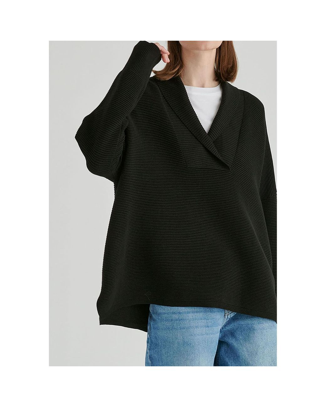 Paisie Black Shawl Collar Ribbed Jumper