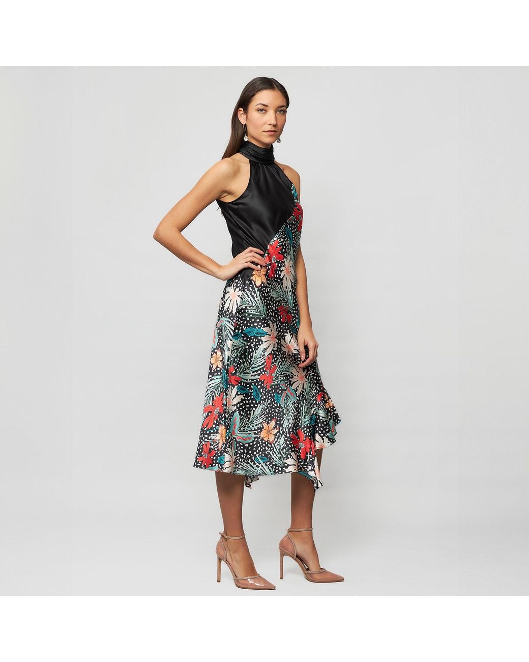 Solgo Atelier Blue Yera Sleevless Floral Printed Silk Midi Dress With Contrasting Gathered Mock Neck And Stylized Side Ruffle Slit