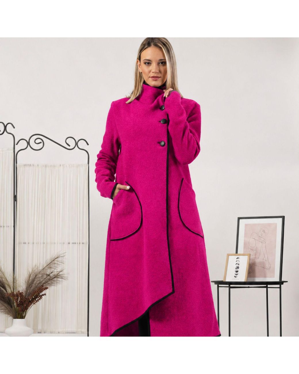 Nikka Place Pink Boiled Wool Buttoned Cardigan With Big Pockets