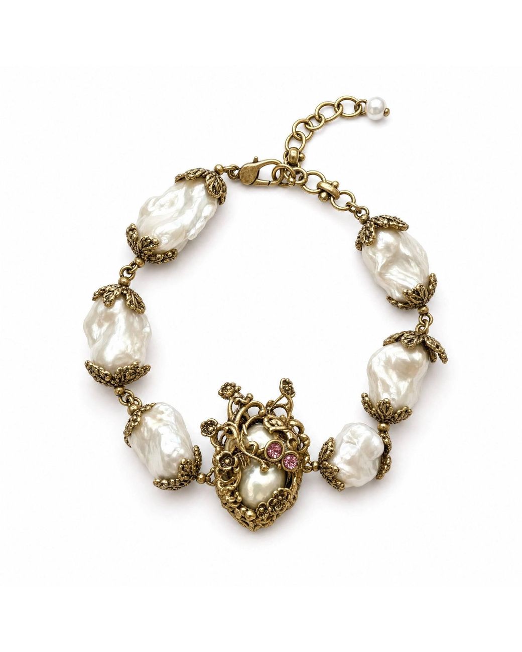 Angel Barocco Metallic Vintage Baroque Pearl Heart Charm Bracelet
