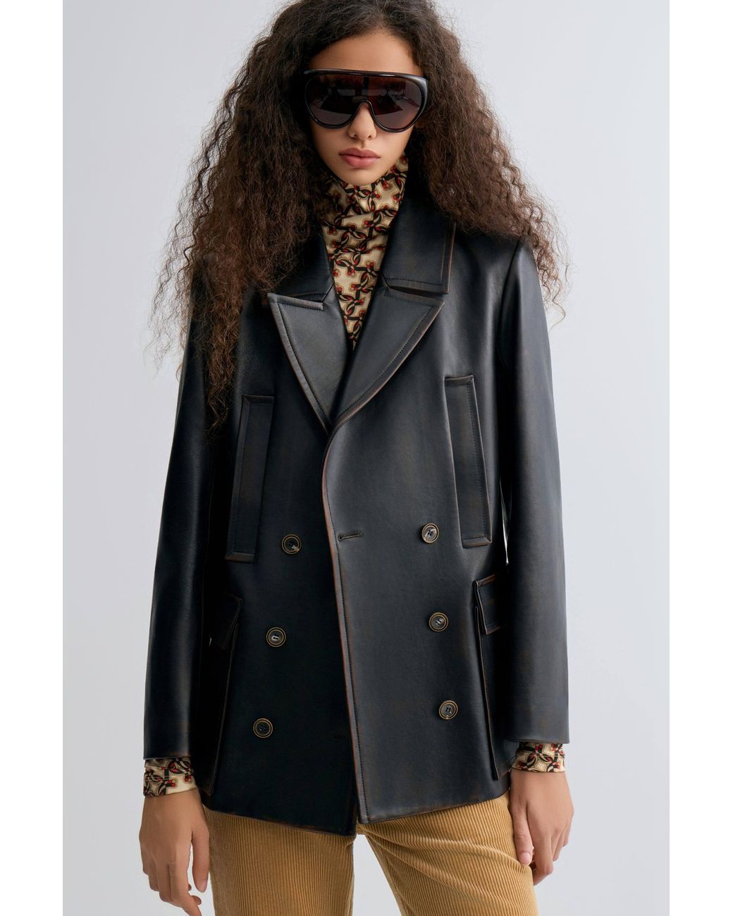 FRONT ROW SHOP Black Double Breasted Leather Jakcket